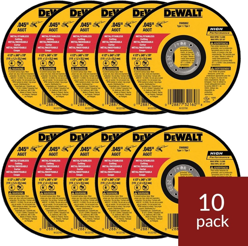 High-Performance DW8062 4-1/2" Thin Cutoff Wheel for Metal - 10 Pack of Premium Grinding Discs