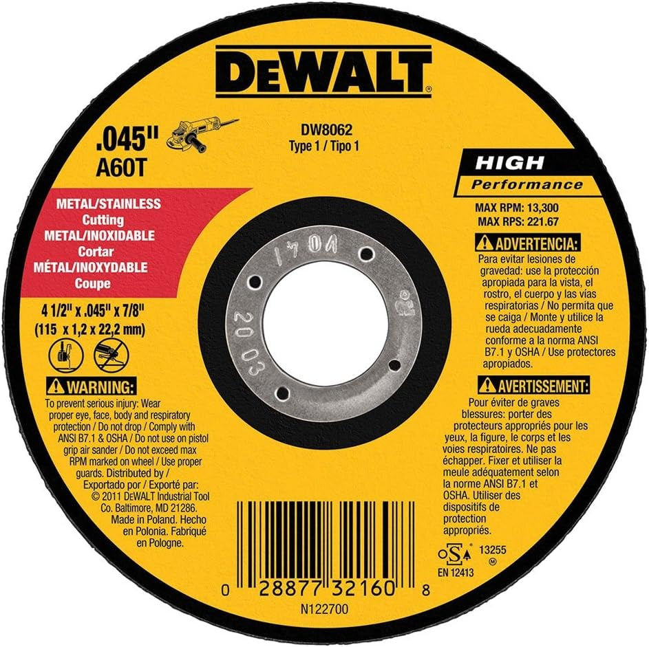 High-Performance DW8062 4-1/2" Thin Cutoff Wheel for Metal - 10 Pack of Premium Grinding Discs