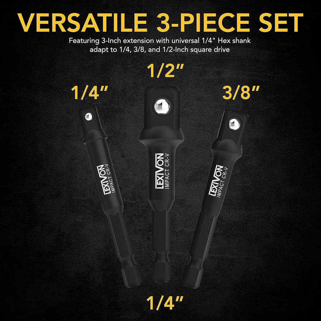 Versatile Impact Grade Socket Adapter Set - 3-Piece Extension Bit with Holder for 1/4", 3/8", and 1/2" Drive - Transform Your Power Drill into a High Torque Impact Wrench (LX-101)