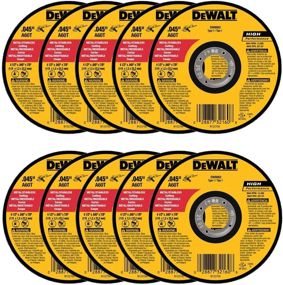 High-Performance DW8062 4-1/2" Thin Cutoff Wheel for Metal - 10 Pack of Premium Grinding Discs
