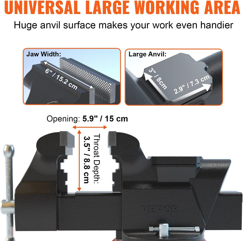 6-Inch Heavy Duty Bench Vise with 360-Degree Swivel Base - Perfect for Drilling, Pipe Cutting, and More! Includes Anvil, Bolts & Nuts