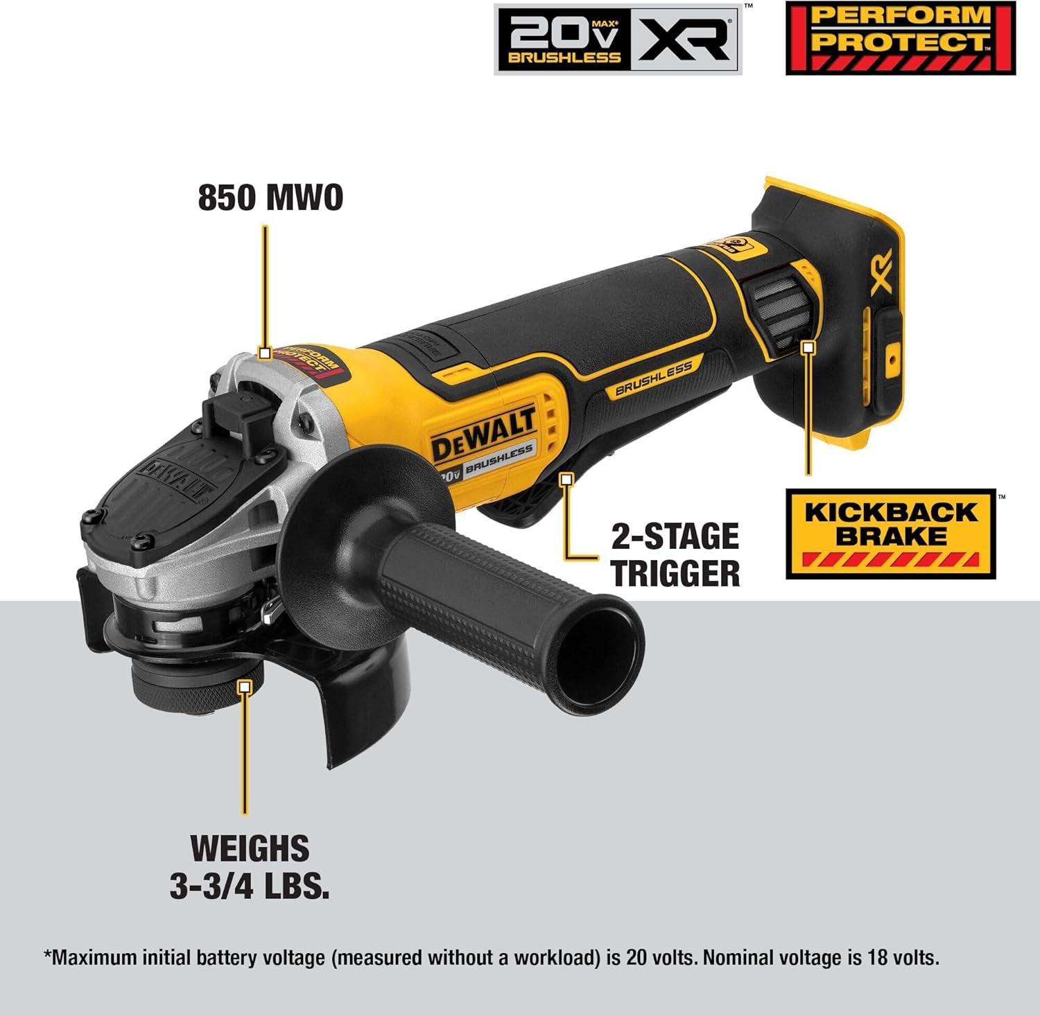 Powerful 20V MAX* Cordless Brushless Angle Grinder - 4.5 Inch with Paddle Switch & Kickback Brake (Tool Only)